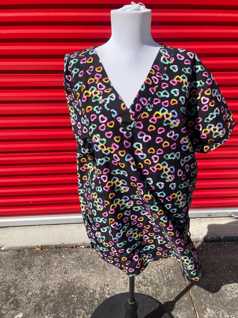 Black V-Neck Top with Multicolor Loop Print